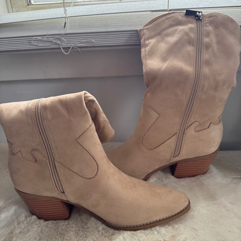 Coutgo Womens Mid Calf Slouchy Boots Wide Calf Chunky Block Heel Cowgirl Suede